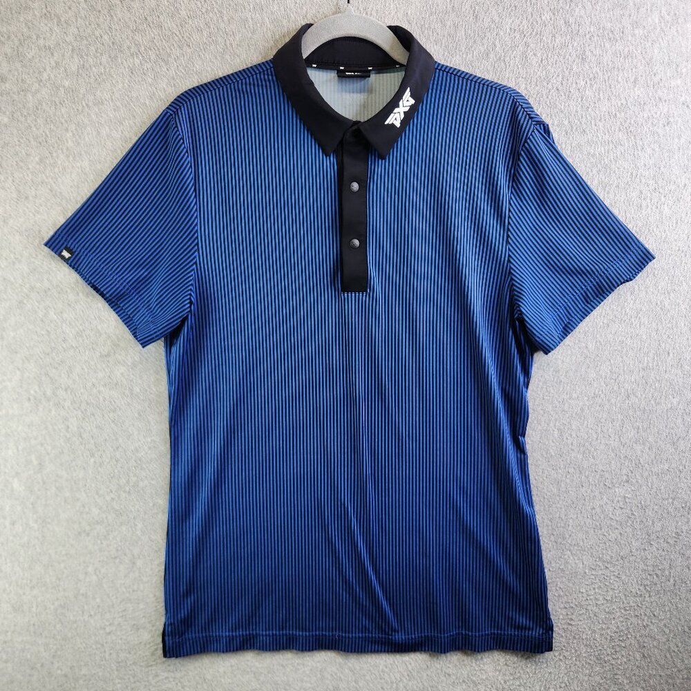 PXG Shirt Mens S Blue Striped Performance Golf Polo Snap Collar Stretchy